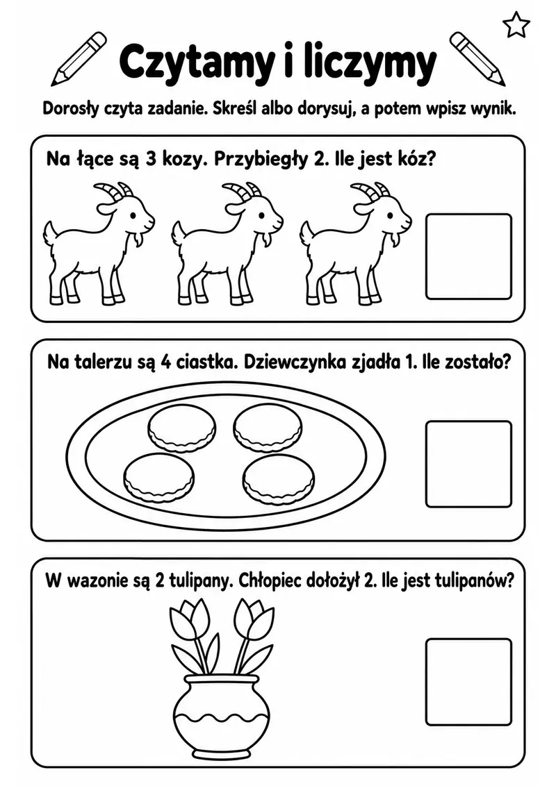Karta pracy „Czytamy i liczymy” — zadania z treścią na dodawanie i odejmowanie