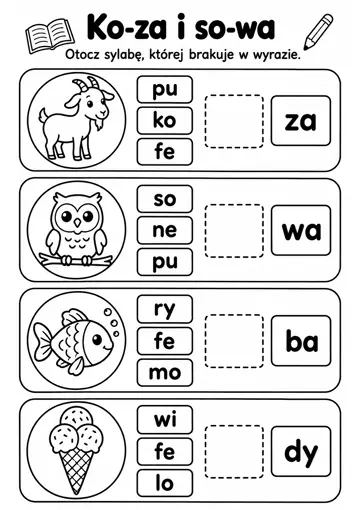 Darmowa karta pracy do druku: Ko-za i so-wa