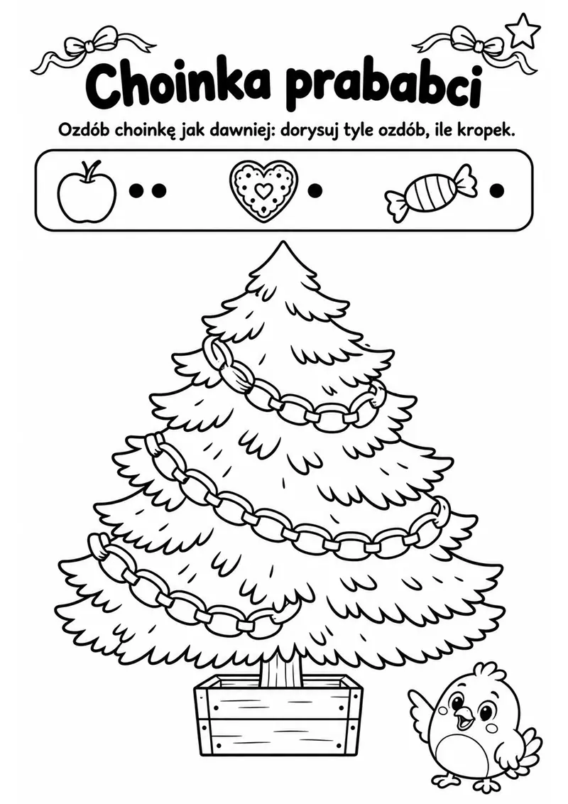 Karta pracy „Choinka prababci” — dorysuj tyle ozdób, ile kropek